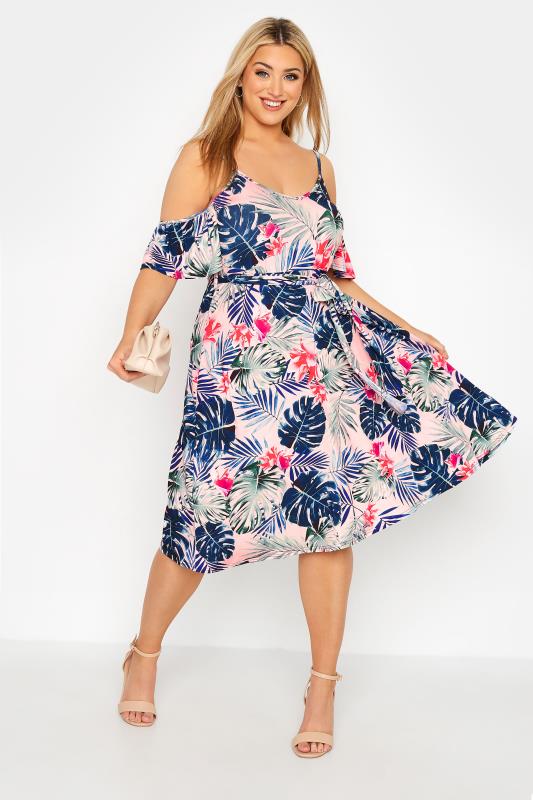 YOURS LONDON Plus Size Pink Tropical Cold Shoulder Dress | Yours Clothing 1