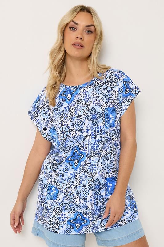  YOURS Curve Blue Mosaic Print T-Shirt