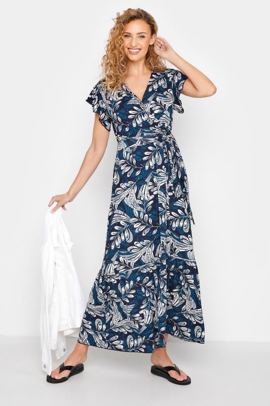 LTS Tall Navy Blue Tropical Print Tiered Midaxi Dress 2