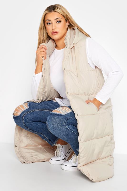 Plus Size Cream Maxi Panelled Puffer Gilet | Yours Clothing 1