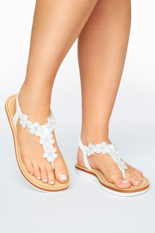 White PU Diamante Flower Sandals In Wide E Fit & Extra Wide EEE Fit | Yours Clothing 1