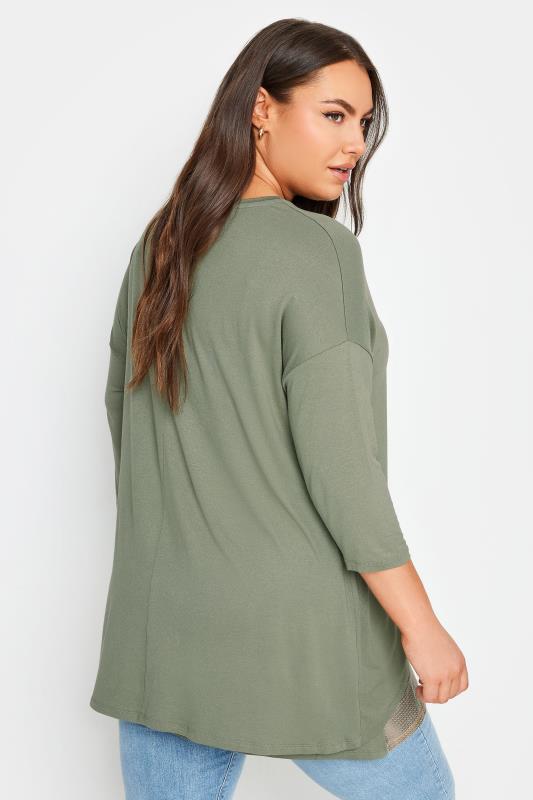 YOURS Plus Size Khaki Green Mesh Hem Top | Yours Clothing 3