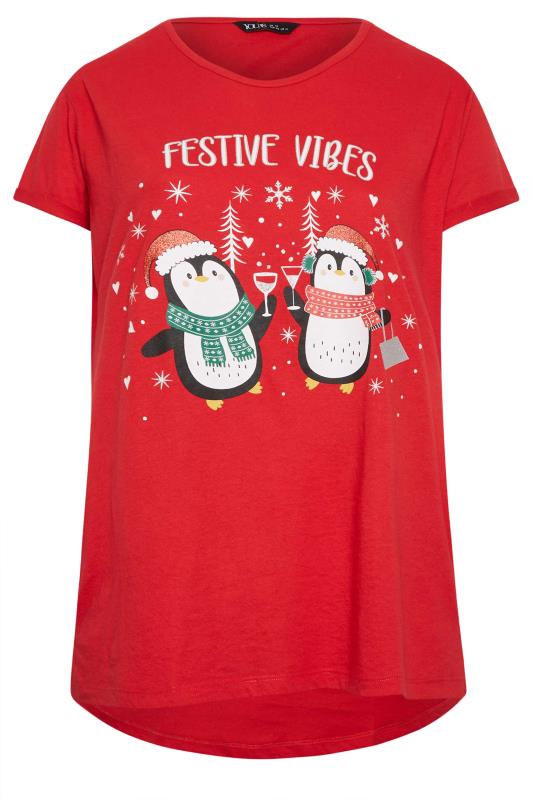 YOURS Curve Red Penguin Print 'Festive Vibes' Slogan Christmas T-Shirt | Yours Clothing  6