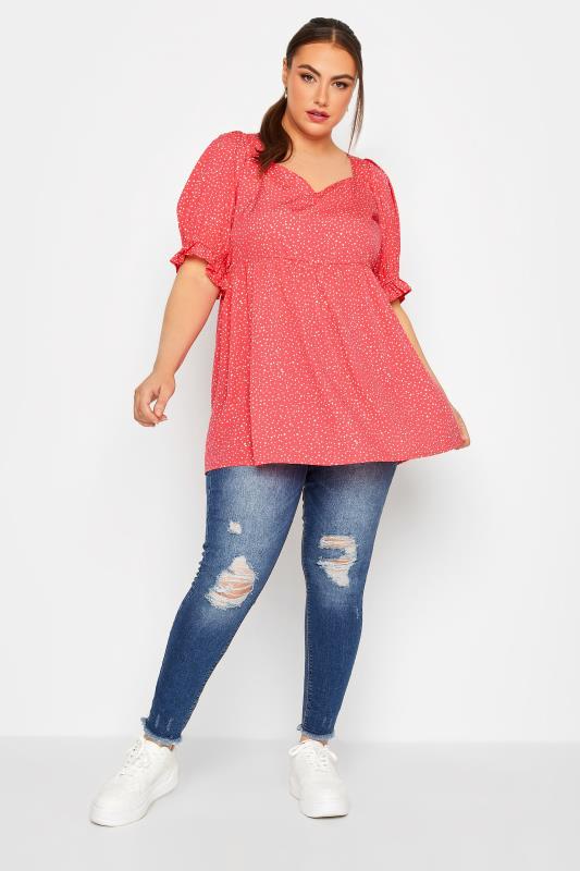 YOURS Plus Size Pink Spot Print Puff Sleeve Top | Yours Clothing 2