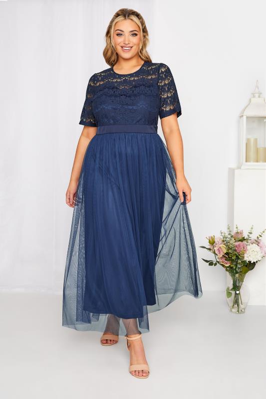  Tallas Grandes YOURS LONDON Curve Navy Blue Lace Chiffon Maxi Dress