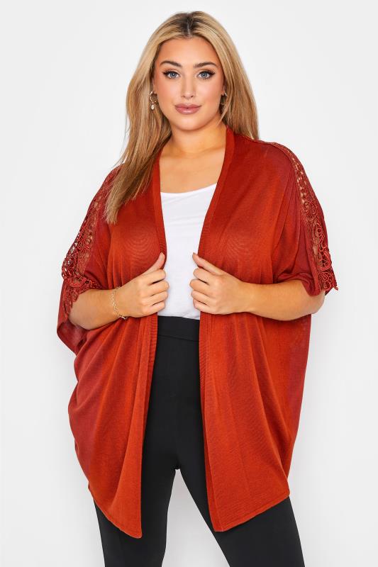 Plus Size  Curve Burnt Orange Lace Sleeve Kimono Cardigan