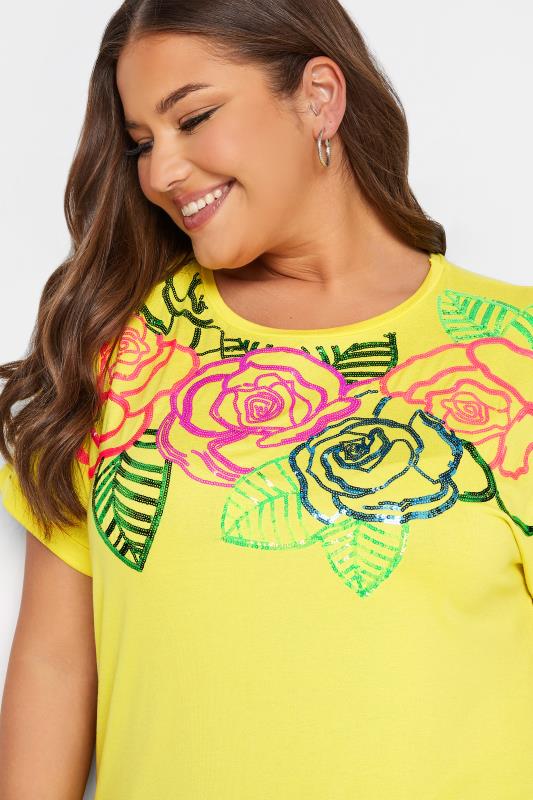 Curve Yellow Floral Sequin Embellished T-Shirt 5