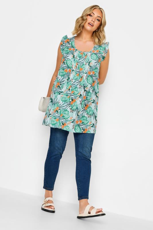 YOURS Curve Aqua Blue Tropical Print Pintuck Top | Yours Clothing 2
