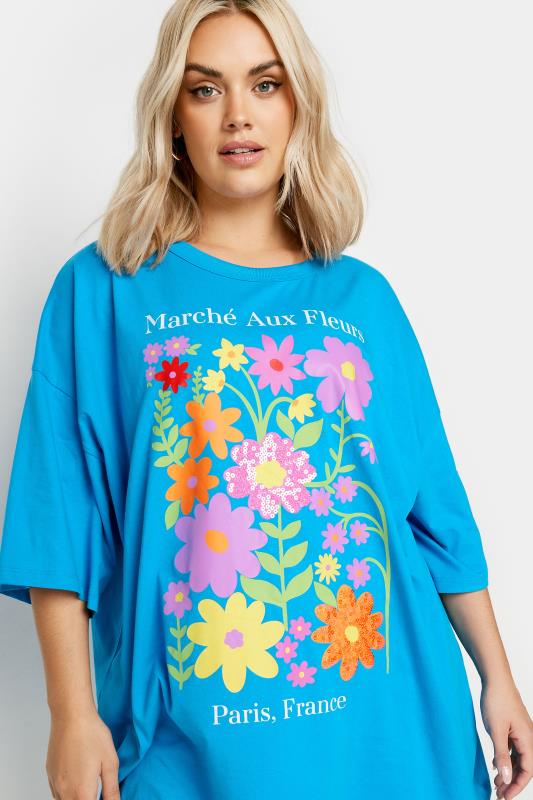 YOURS Plus Size Blue Floral Print 'Paris' Slogan Oversized T-Shirt | Yours Clothing 4
