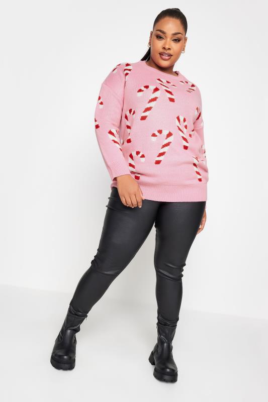 YOURS Plus Size Pink Candy Cane Print Christmas Jumper | Yours Clothing 2