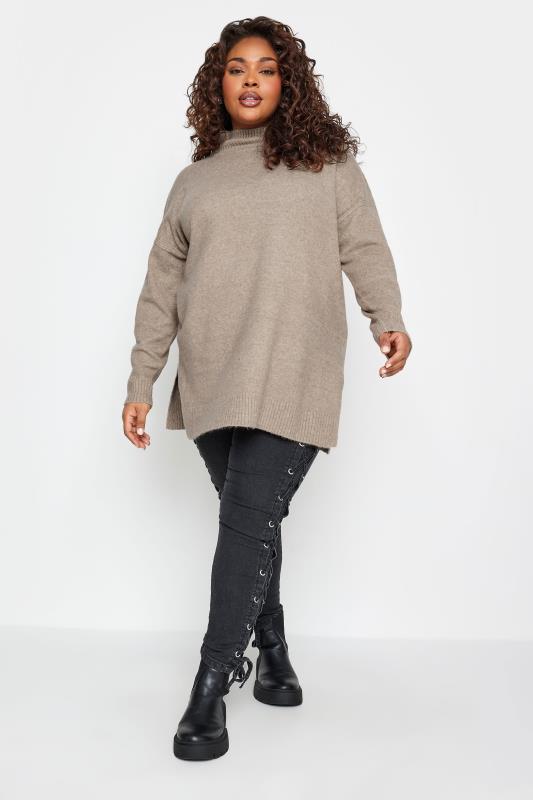 YOURS Plus Size Beige Brown High Neck Knitted Jumper | Yours Clothing 4