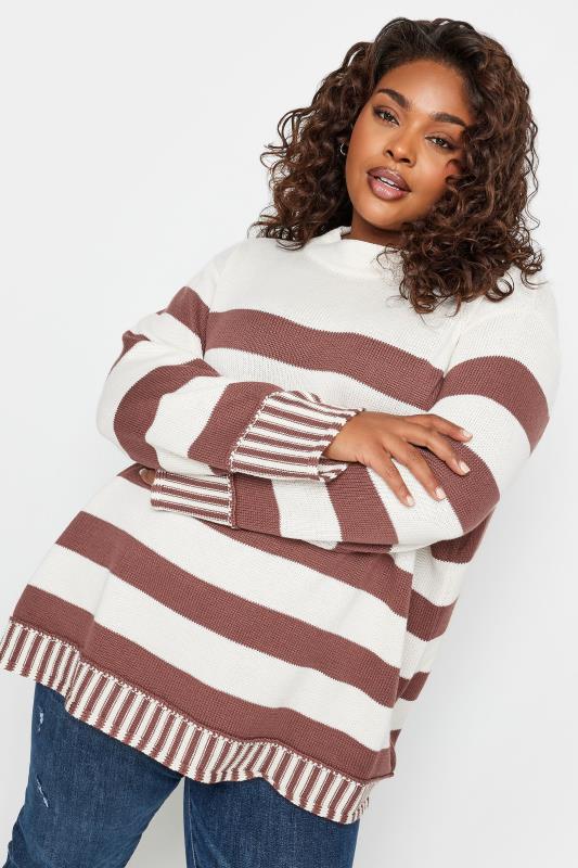 Plus Size  YOURS Curve White & Brown Stripe Print Jumper