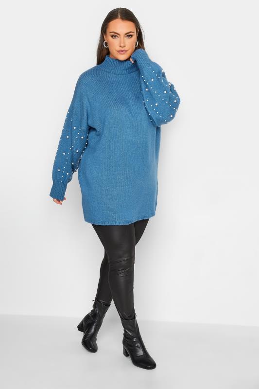 YOURS LUXURY Plus Size Blue Pearl Embellished Batwing Jumper | Yours Clothing 3