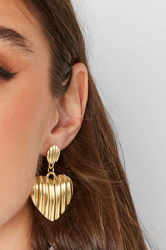 Gold Textured Heart Drop Earrings | Yours Clothing 1