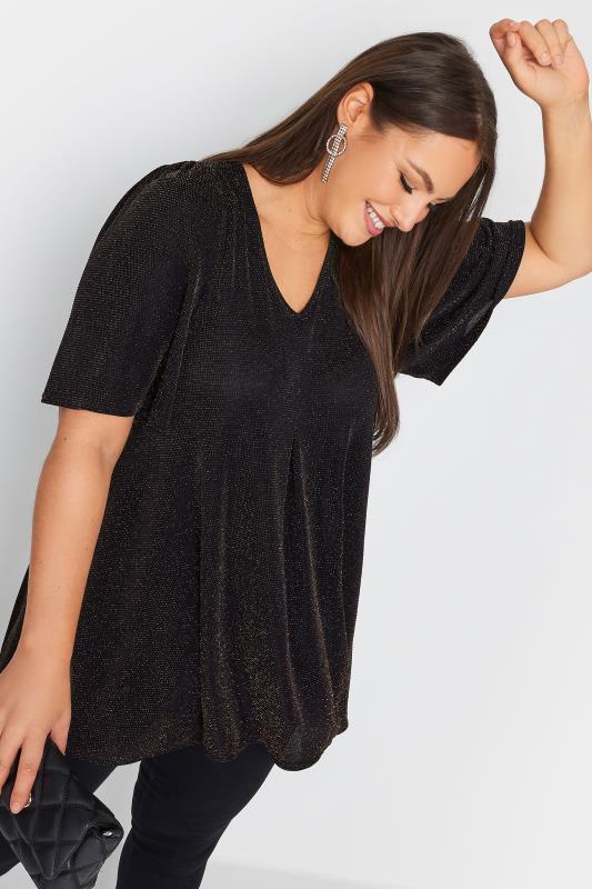 YOURS Plus Size Black & Pink Glitter Pleated Swing Top | Yours Clothing 1