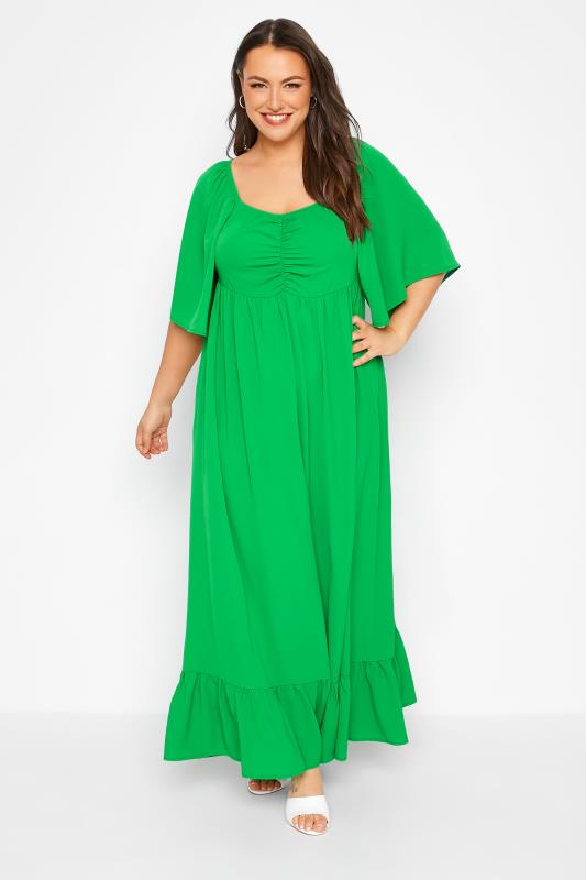 LIMITED COLLECTION Curve Green Ruched Angel Sleeve Dress_A.jpg