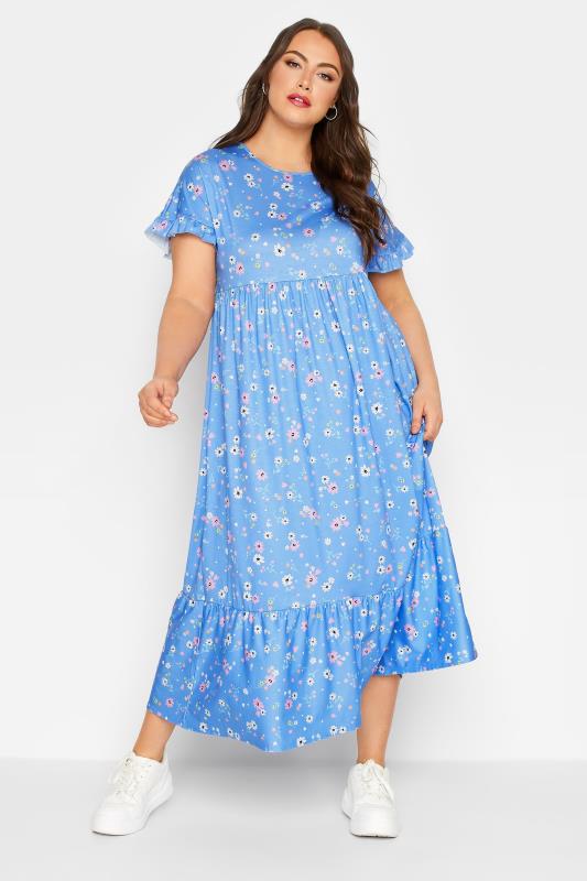 LIMITED COLLECTION Plus Size Blue Ditsy Print Frill Sleeve Maxi Dress | Yours Clothing 1