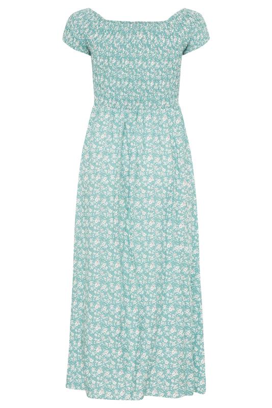 Sage Green Ditsy Floral Shirred Bardot Maxi Dress | Yours Clothing