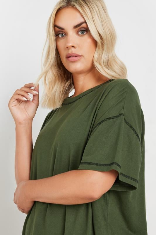 YOURS Plus Size Khaki Green Contrast Stitch T-Shirt | Yours Clothing 5