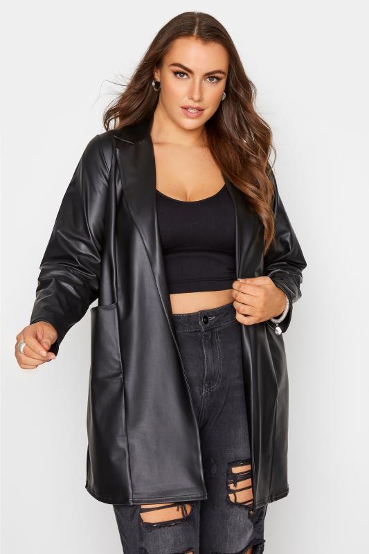 Plus Size Black Faux Leather Longline Blazer | Yours Clothing 1