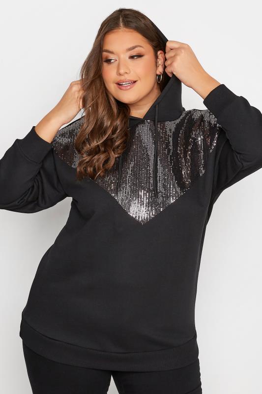 Plus Size Black Sequin Hoodie | Yours Clothing 4