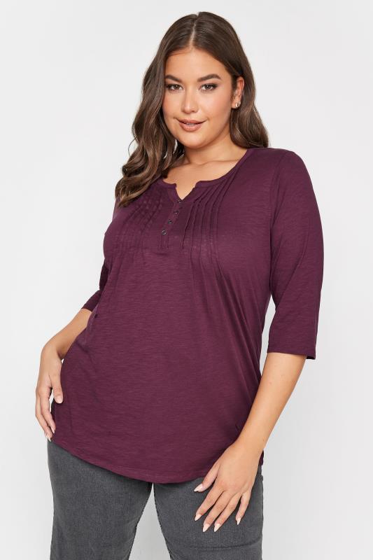 YOURS Plus Size Curve 2 PACK Pink & Purple Pintuck Henley Tops | Yours Clothing 3