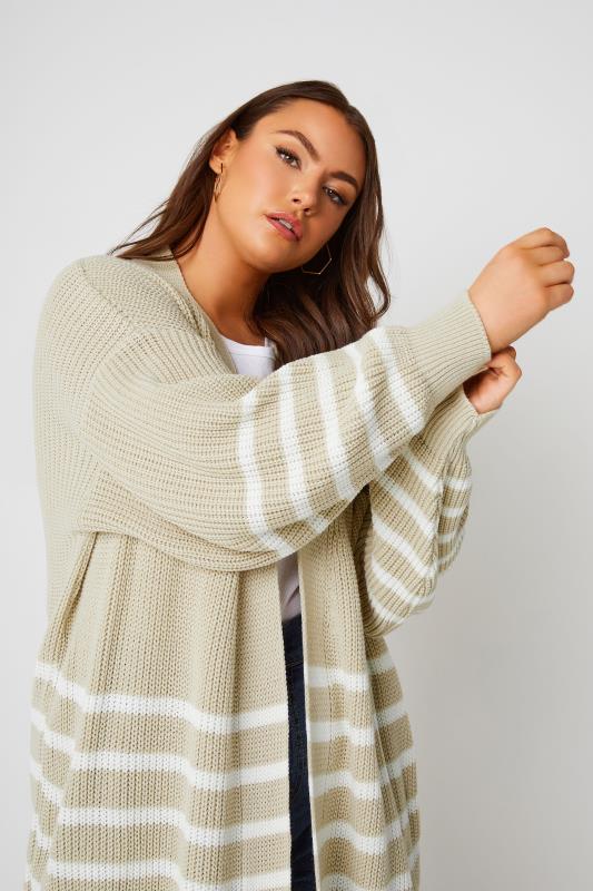 YOURS Curve Plus Size Beige Brown Stripe Balloon Sleeve Knitted Cardigan | Yours Clothing 1