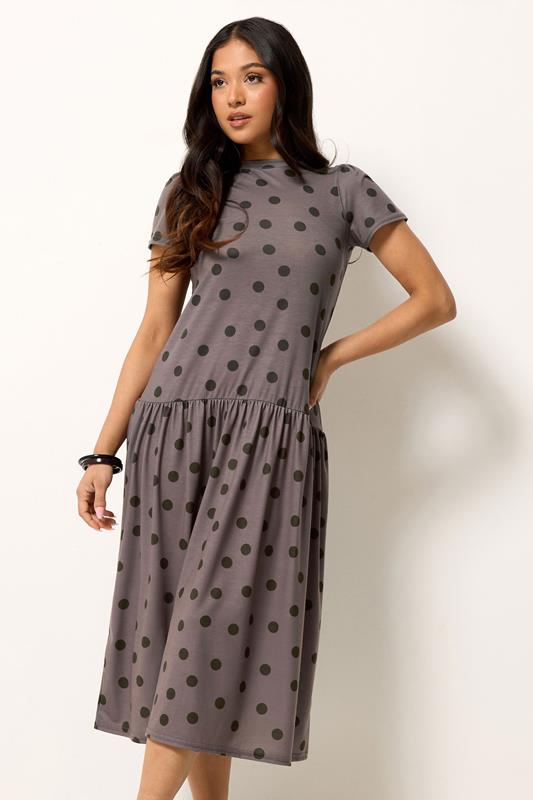 PixieGirl Petite Women's Chocolate Brown Polka Dot Drop Waist Maxi Dress | PixieGirl 1