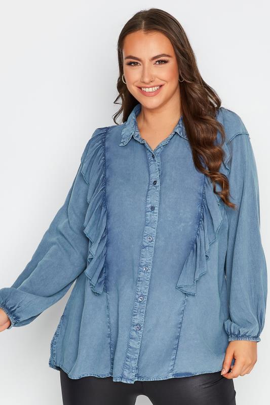 Plus Size  LIMITED COLLECTION Curve Blue Frill Chambray Shirt
