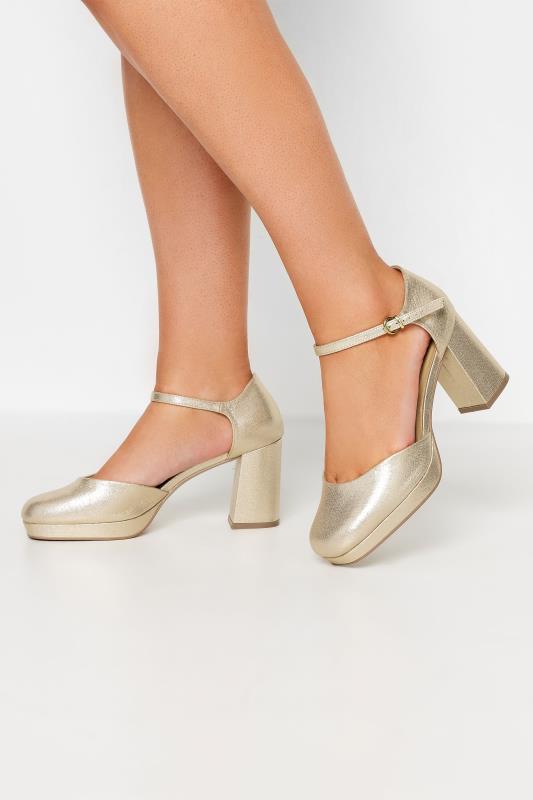  Grande Taille Gold Platform Block Heel Court Shoes In Extra Wide EEE Fit