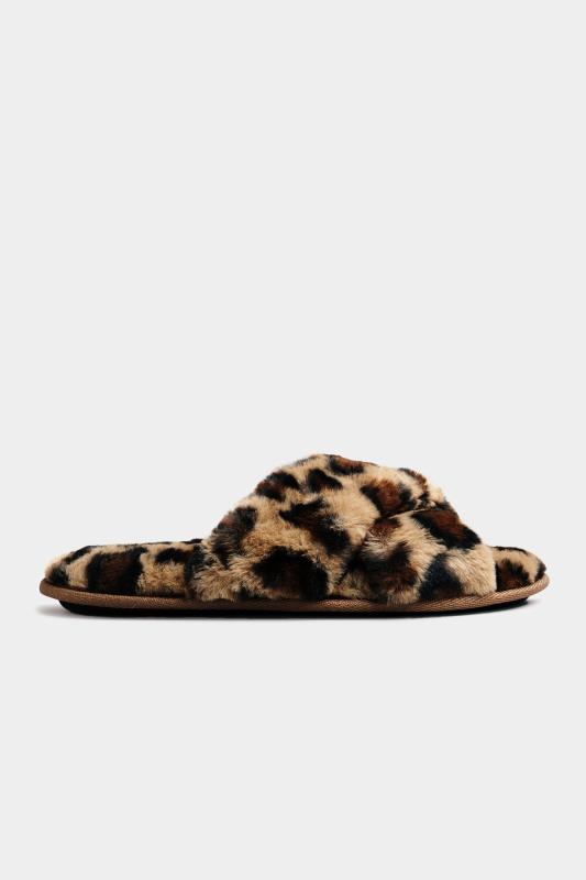 Plus Size Brown Leopard Print Vegan Faux Fur Cross Strap Slippers In Standard D Fit | Yours Clothing 3