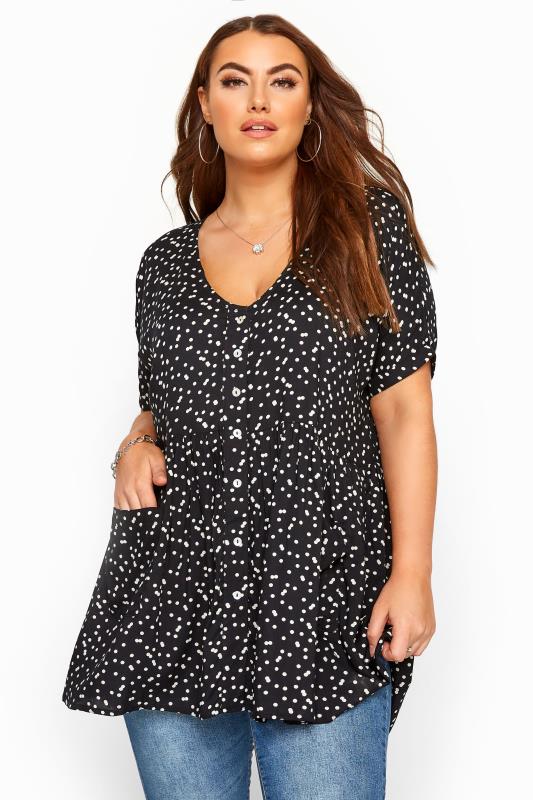 Black Polka Dot Button Front Tunic | Yours Clothing