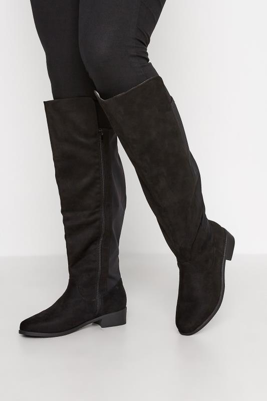  Grande Taille Black Suede Stretch Knee High Boots In Wide E Fit & Extra Wide EEE Fit