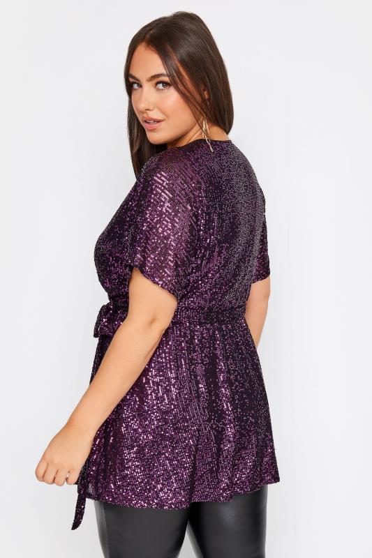 YOURS LONDON Plus Size Purple Sequin Short Sleeve Wrap Top | Yours Clothing 4