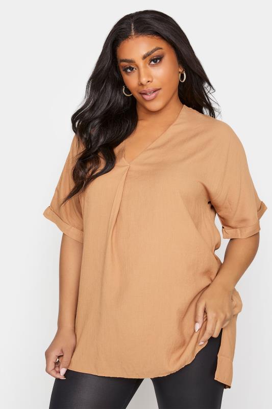 Plus Size  Curve Beige Brown Grown On Sleeve Blouse