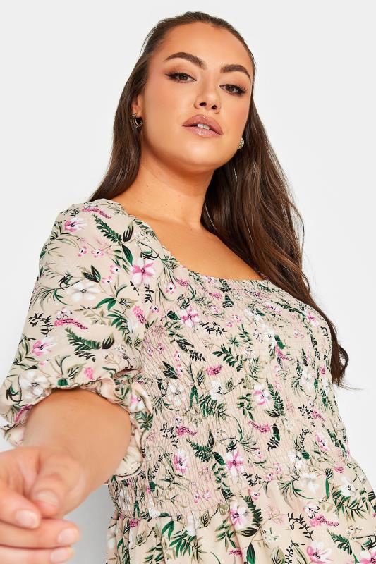 YOURS Plus Size Natural Pink Floral Square Neck Shirred Top | Yours Clothing 4