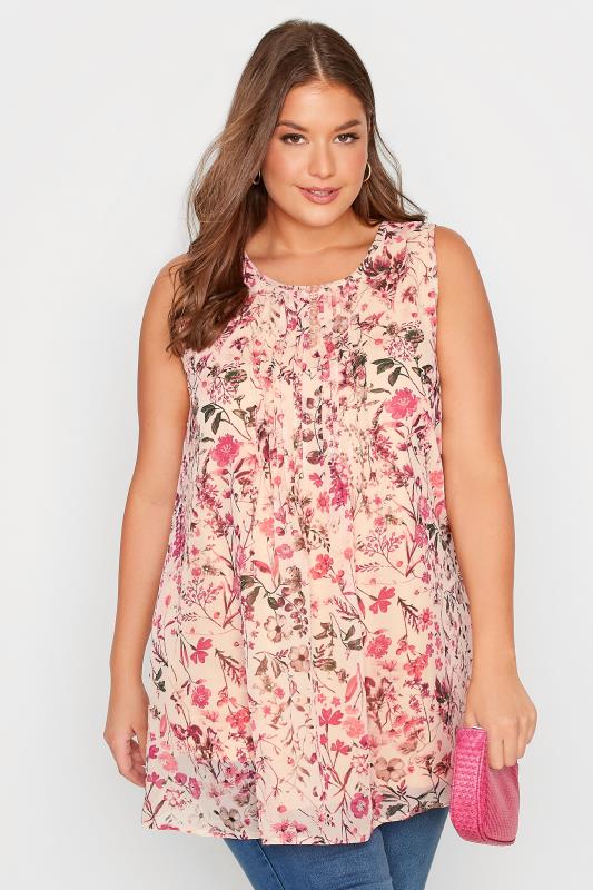 Plus Size Pink Floral Print Pleat Front Sleeveless Chiffon Blouse | Yours Clothing  1