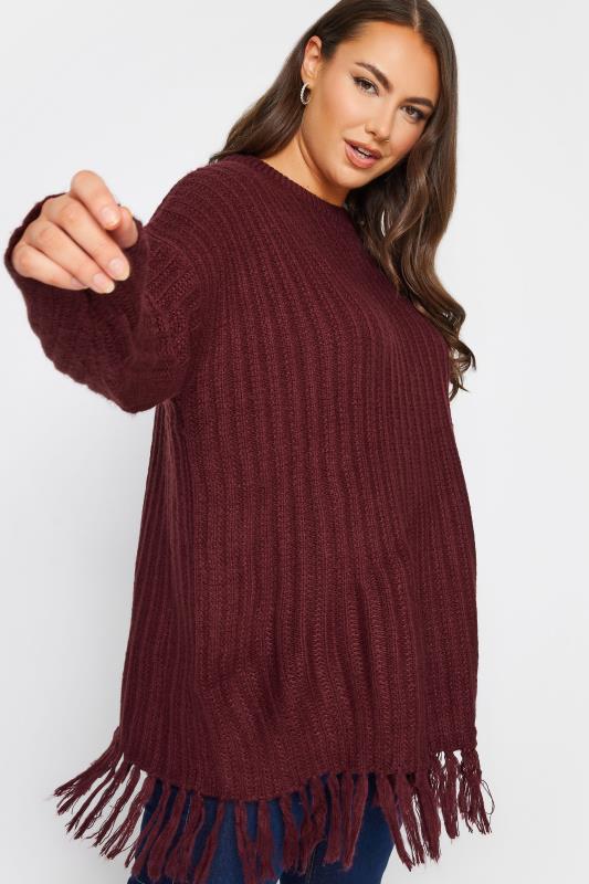 YOURS Plus Size Berry Red Fringe Detail Knitted Jumper | Yours Clothing 6