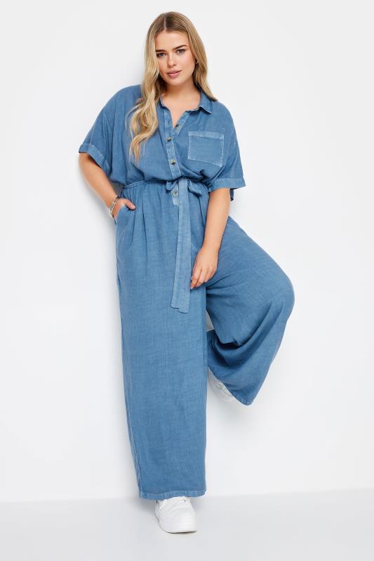LIMITED COLLECTION Plus Size Blue Chambray Wide Leg Jumpsuit | Yours Clothing 3