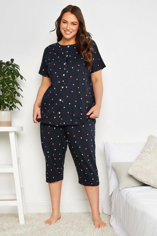 YOURS Plus Size Navy Blue Floral Print Cropped Pyjama Set | Yours Clothing 2
