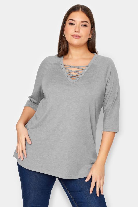 Plus Size  YOURS Curve Light Grey Lace Up Eyelet Top
