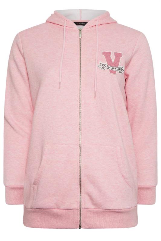 YOURS Curve Pink Embroidered Zip Through Marl Hoodie | Yours Clothing 5