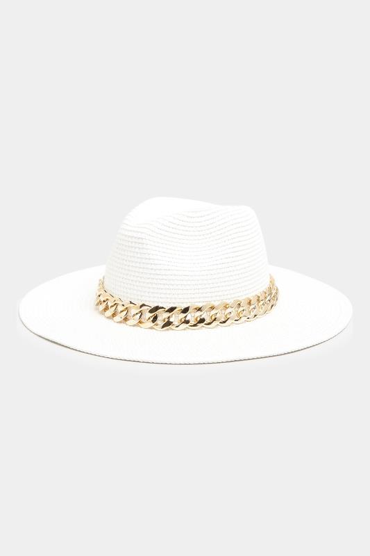White Straw Chain Fedora Hat 1