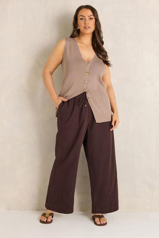 EVANS Plus Size Chocolate Brown Cotton Wide Leg Trouser | Evans 2