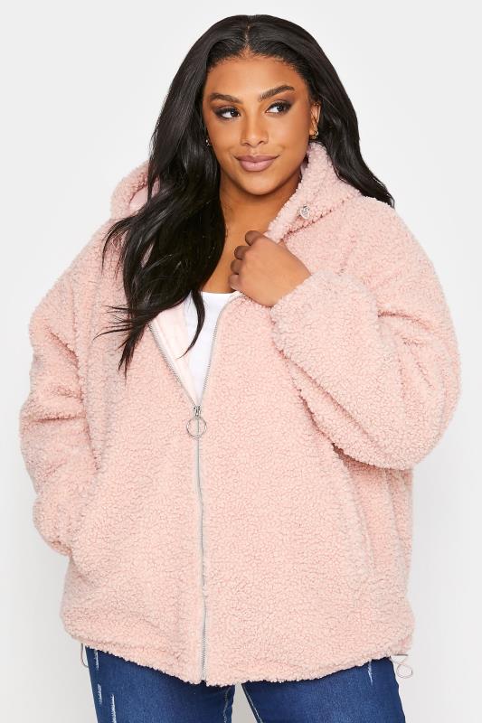Plus Size  Curve Pink Teddy Hooded Jacket