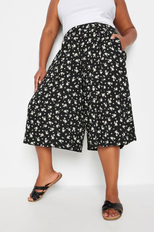  Grande Taille YOURS Curve Black Daisy Print Culottes