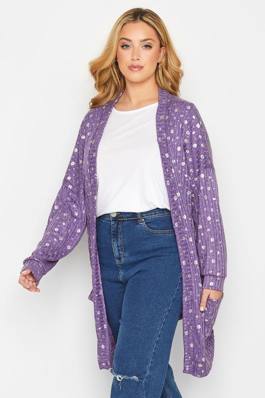 Plus Size  Curve Purple Foil Floral Print Cardigan