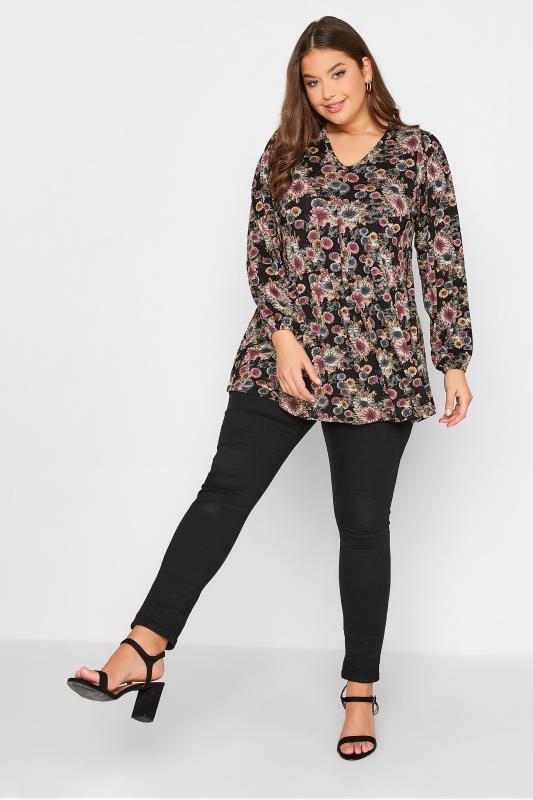 Curve Black & Pink Long Sleeve Floral Pleated Top | Yours Clothing 2