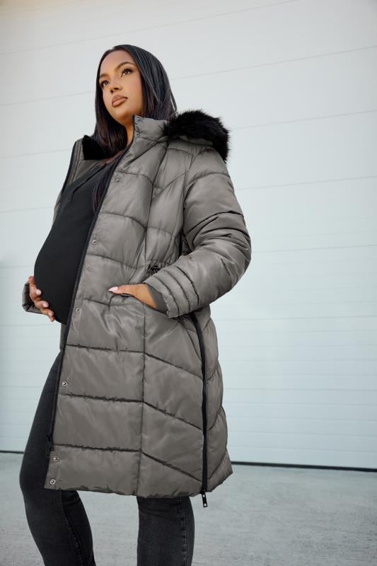 BUMP IT UP MATERNITY Plus Size Grey Zip Side Puffer Coat | Yours Clothing 1