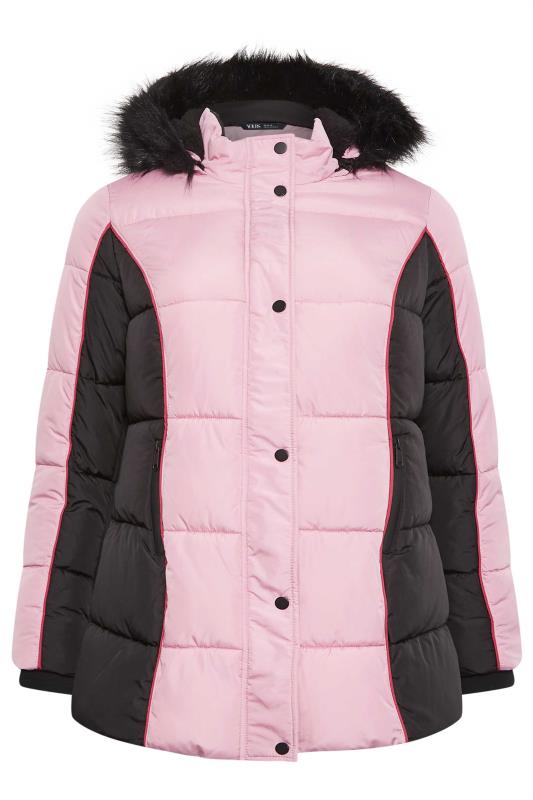 YOURS Plus Size Pink & Black Colourblock Hooded Puffer Jacket | YOURS Clothing 7